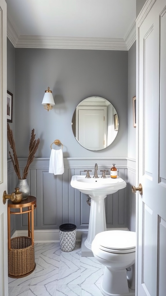 A stylish powder room painted in Granite Peak by Sherwin Williams, featuring gray walls, a white sink, and modern decor.