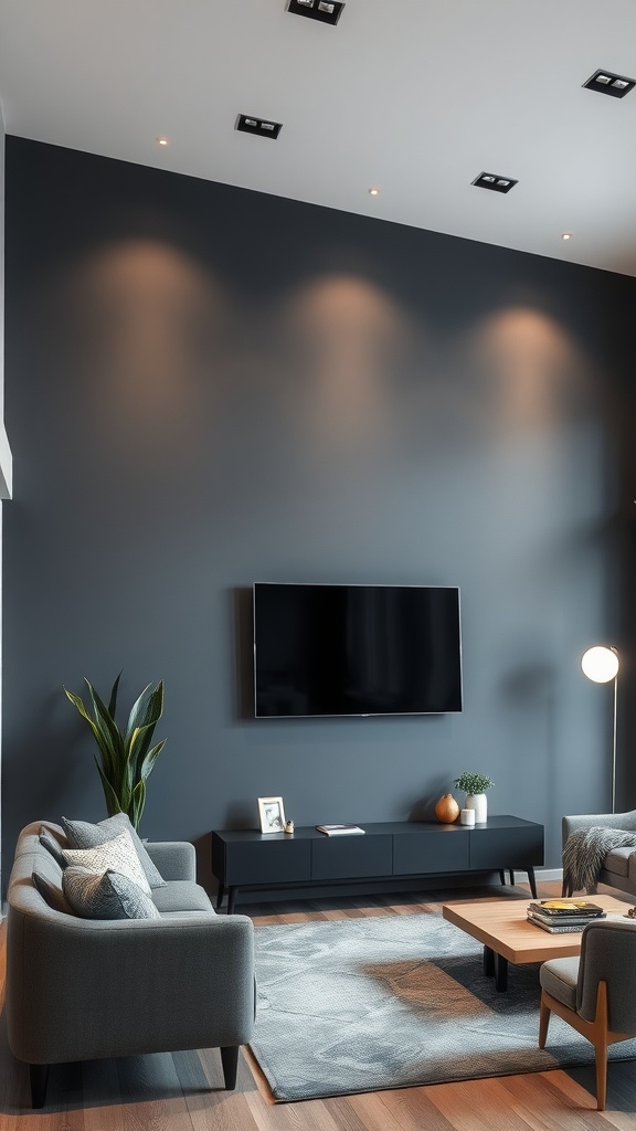 A modern living room featuring a dark Graphite Gray wall, light furniture, and a sleek design.