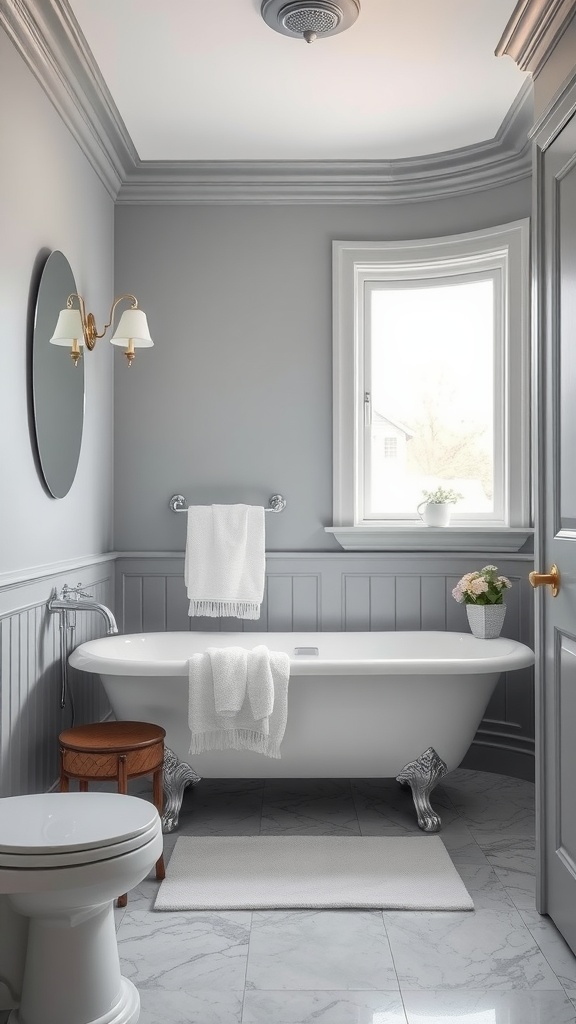 A stylish bathroom featuring gray-blue walls, a clawfoot tub, and elegant fixtures.