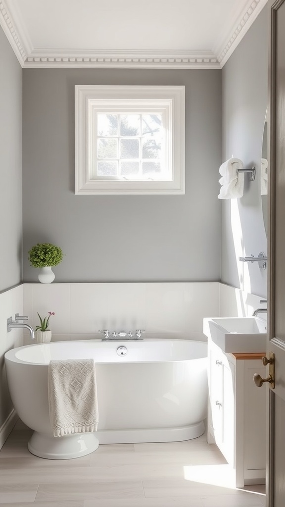 A modern bathroom featuring soft gray walls, white accents, and a large freestanding bathtub.