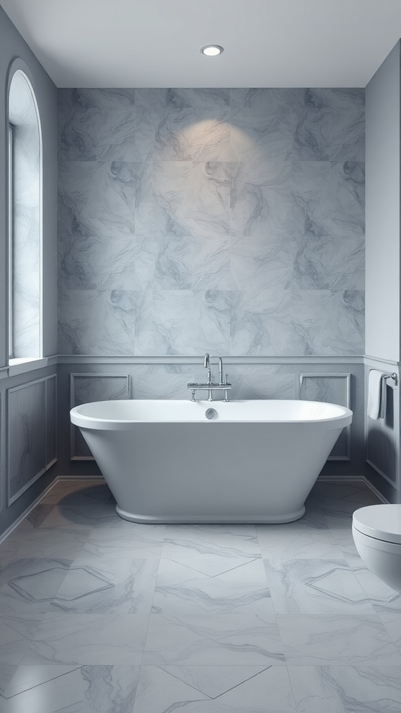 A modern bathroom design featuring gray walls and a white freestanding bathtub, complemented by blue tones.