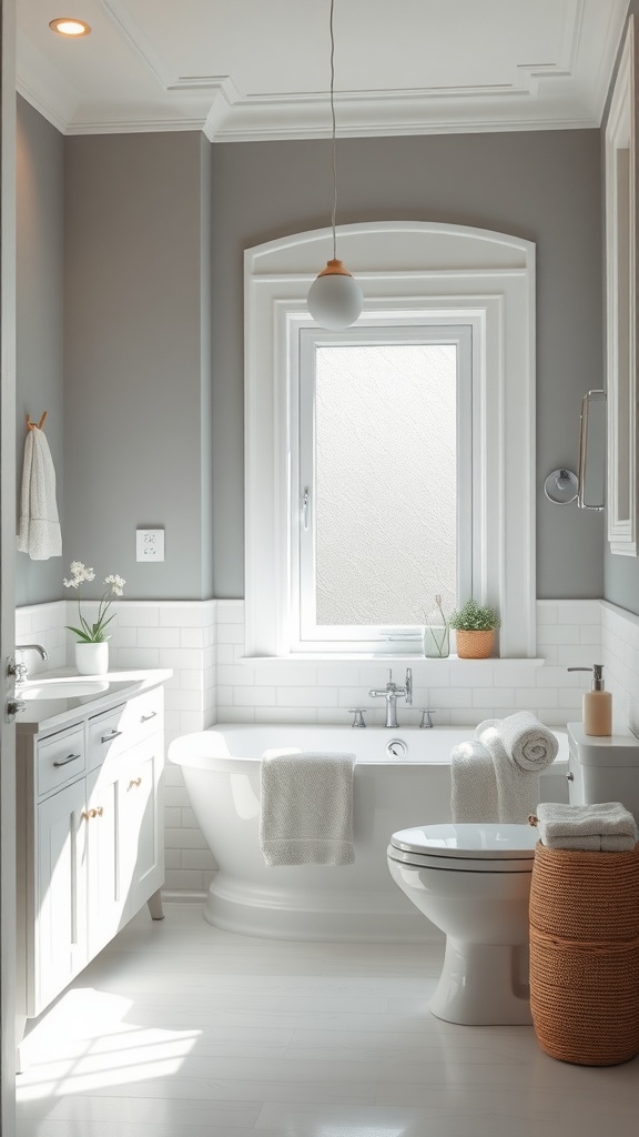 A stylish gray bathroom featuring a freestanding tub, white cabinetry, and natural light.