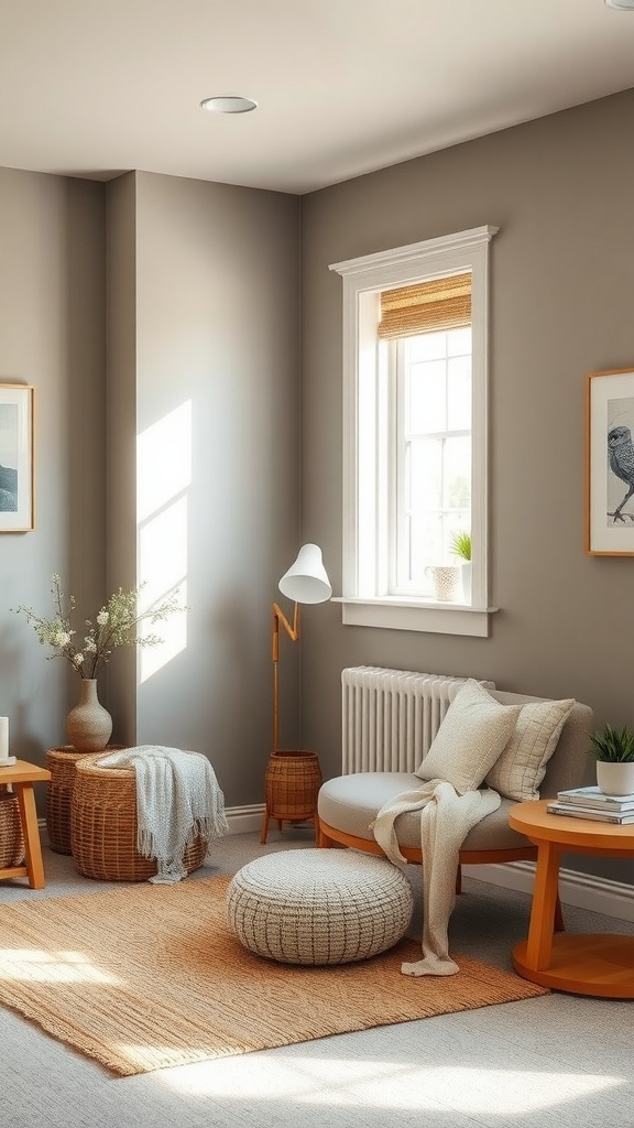 A cozy room painted in Gray Owl, featuring natural light, wooden furniture, and soft textiles.