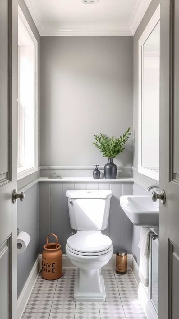 A small bathroom featuring light gray walls, white fixtures, and natural decor.
