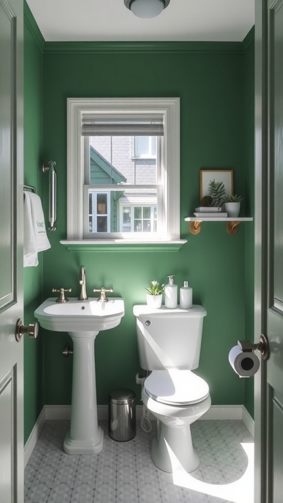 A small bathroom painted in Great Green by Sherwin-Williams, featuring a window, white fixtures, and minimal decor.