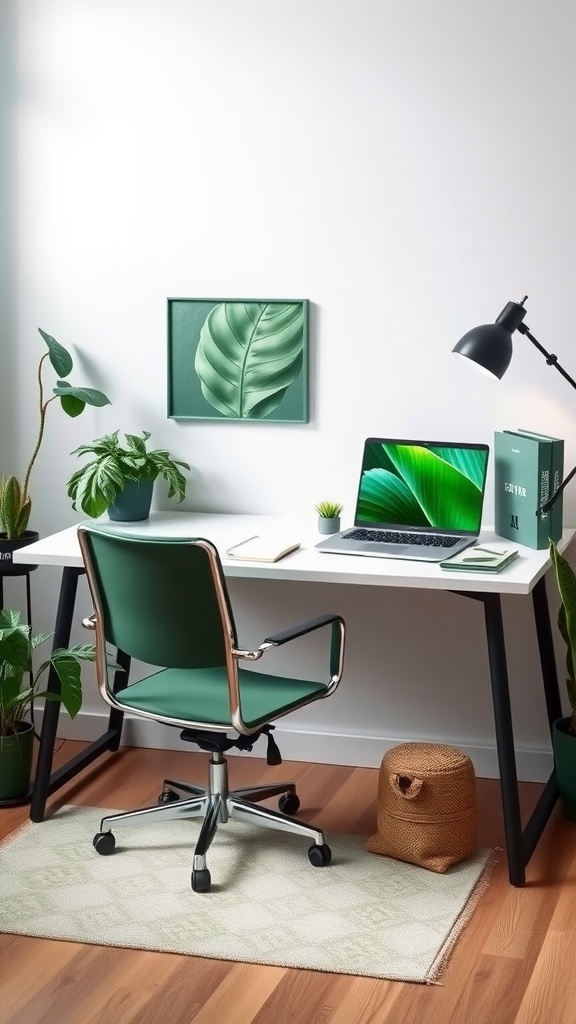 A cozy desk setup featuring a green chair, white desk, potted plants, and leaf-themed artwork.