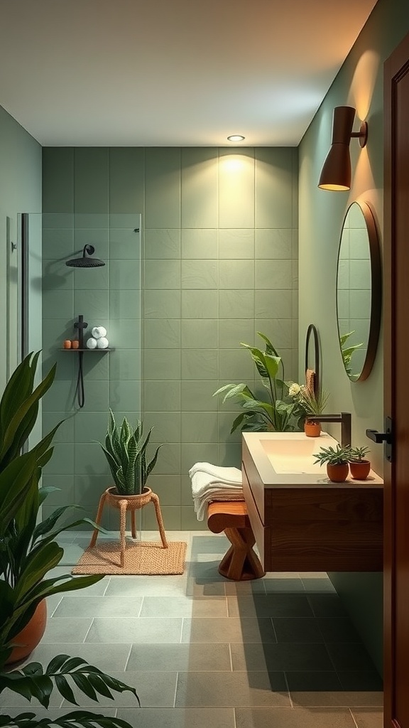 A modern bathroom featuring soft green walls, brown wooden accents, and various indoor plants.