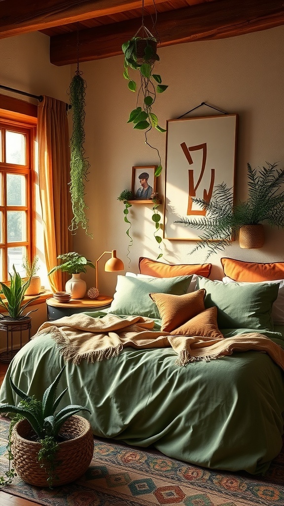 Cozy bedroom featuring green bedding, terracotta pillows, and lush plants