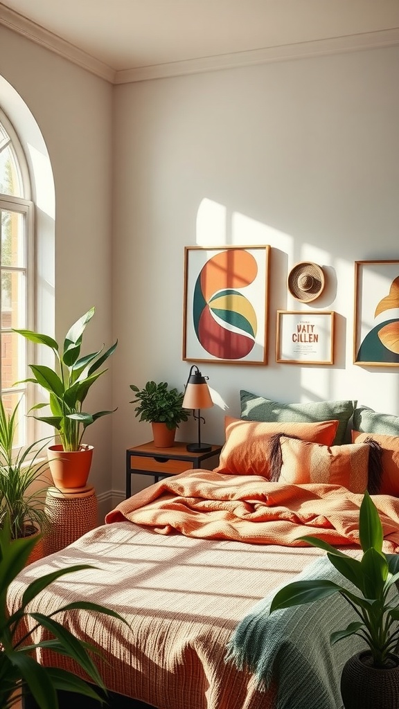 A cozy bedroom featuring green and terracotta decor with plants and art.