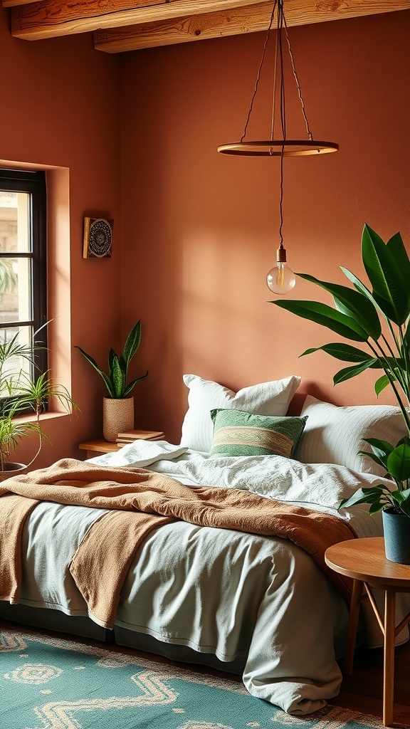 Cozy bedroom with terracotta walls, green accents, and a comfortable bed.