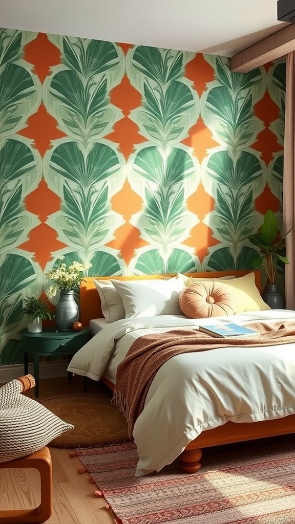 A cozy bedroom featuring green and terracotta geometric patterns on the wall, with a wooden bed and soft textiles.