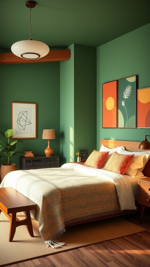 Mid-century modern bedroom featuring green walls and terracotta accents.