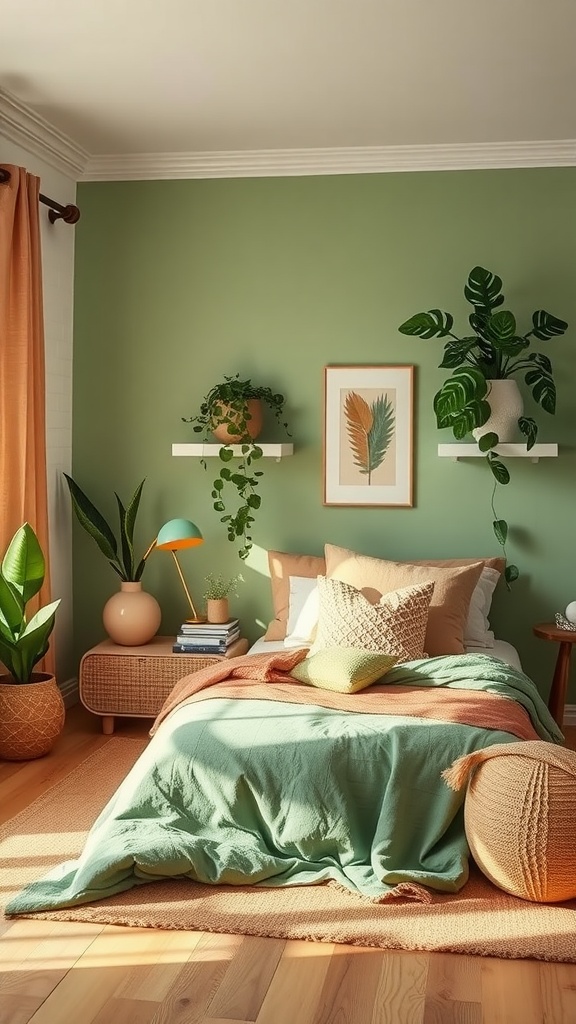 A cozy bedroom featuring green walls, terracotta accents, plants, and layered bedding.