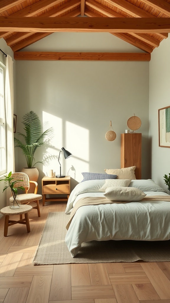 Cozy Scandinavian bedroom featuring green and terracotta colors with natural wood accents and plants.