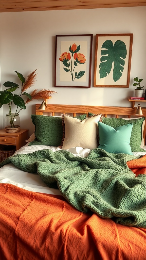 A cozy bedroom featuring green and terracotta bedding with decorative pillows, plants, and botanical artwork.