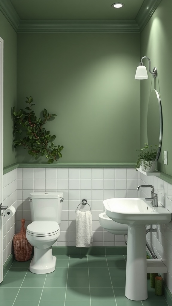 A green and white bathroom with soft green walls, white tiles, and plants.