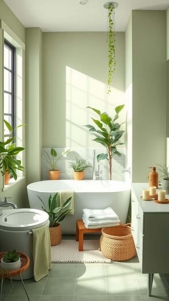 A serene bathroom featuring soft green walls, natural light, plants, and minimalist decor.