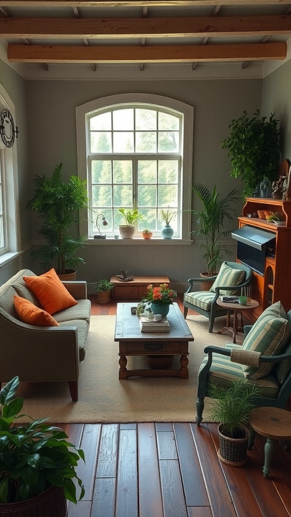 A cozy rustic farmhouse living room featuring a large window, comfortable seating, and plants.