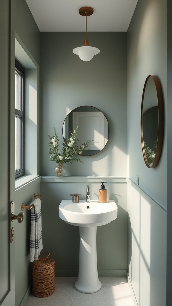 A small bathroom featuring green gray walls, modern fixtures, and natural decor elements.