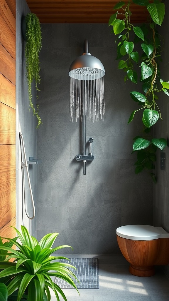 A modern shower space with greenery, featuring a stylish showerhead and wooden accents.
