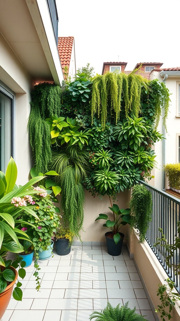 A small balcony featuring a lush green wall installation with various plants and flowers.