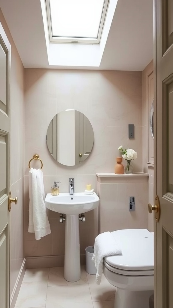 A small bathroom with greige walls and a skylight, featuring a sink and modern decor.