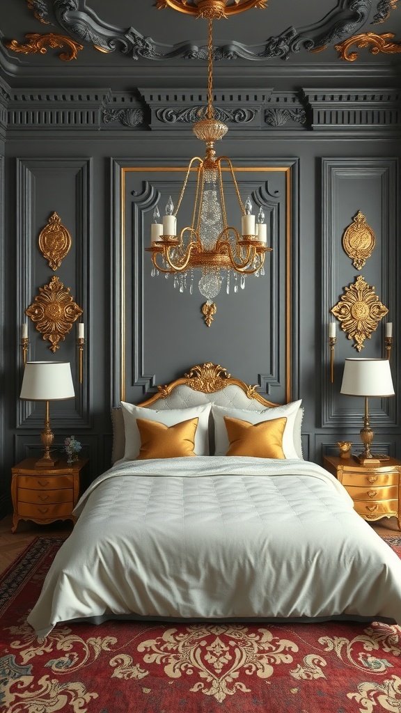 Elegant grey bedroom with gold accents, featuring ornate decor and stylish furnishings.