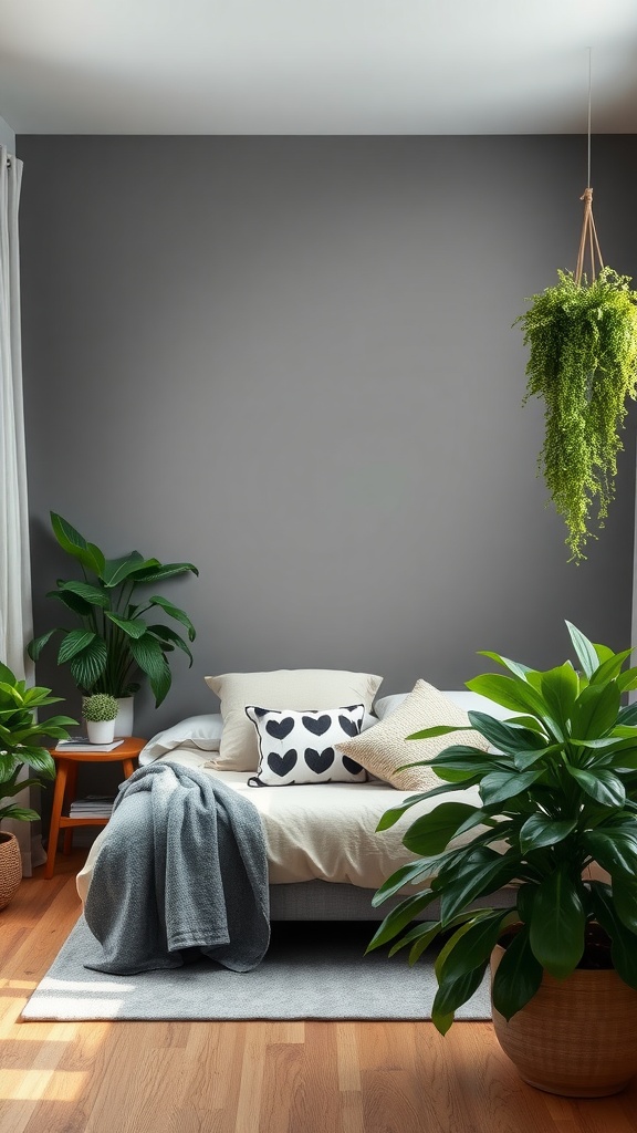 Cozy bedroom with grey walls, wooden floor, plants, and soft bedding