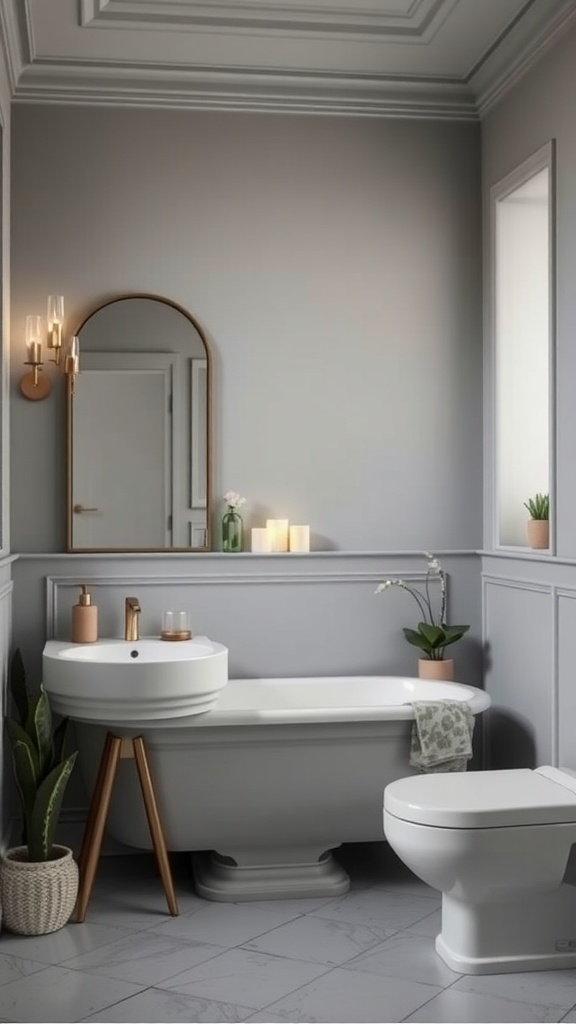 A stylish grey bathroom featuring a freestanding tub, modern fixtures, and elegant decor.