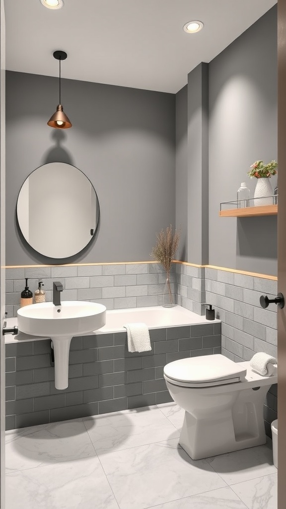 A modern grey bathroom featuring a round mirror, stylish pendant light, and minimalist design.