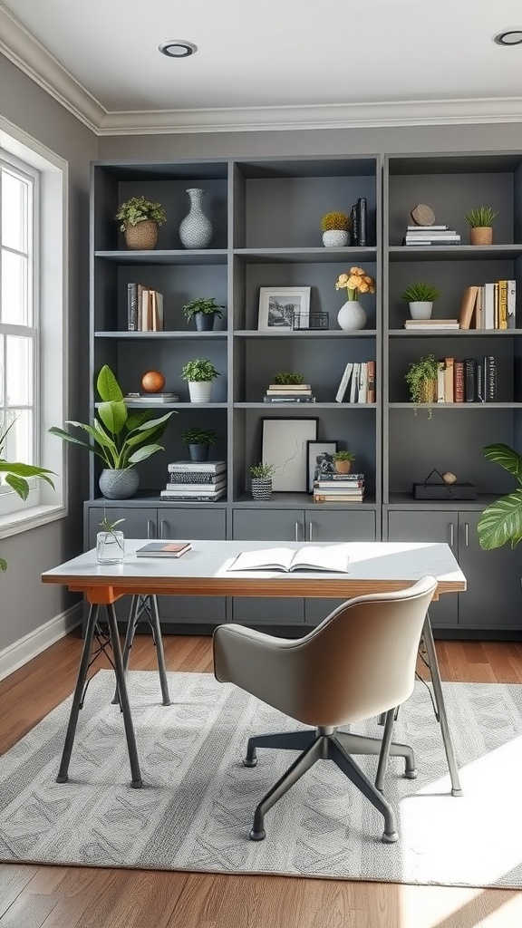 A stylish grey home office with a sleek desk, comfortable chairs, and attractive shelving.