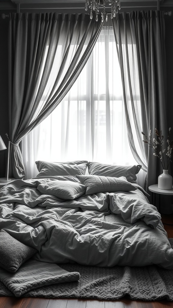 A cozy grey bedroom with crumpled bedding and soft pillows, featuring sheer curtains that allow natural light to filter through.