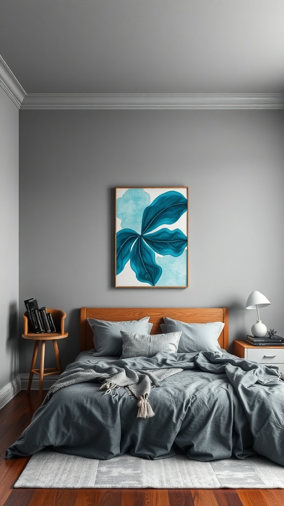 A cozy bedroom featuring grey walls and a teal art piece above a bed with grey bedding.