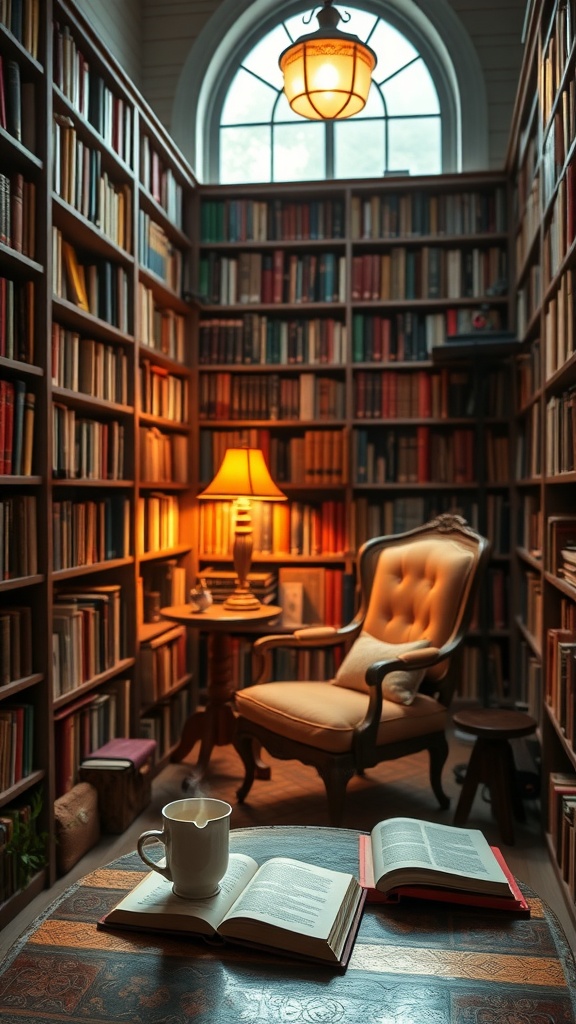 A cozy home library with bookshelves filled with books, a comfortable chair, a lamp, and an open book on a table