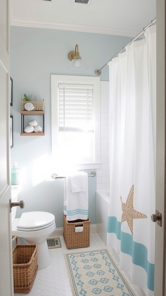 A coastal-themed guest bathroom with blue walls, a starfish shower curtain, and woven baskets.