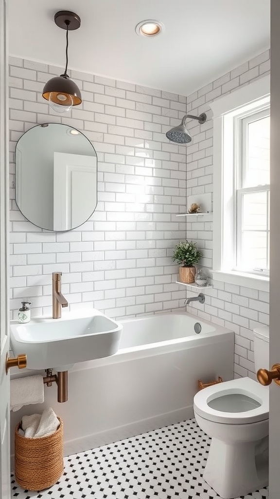 A modern guest bathroom with white subway tiles, a round mirror, and black and white patterned flooring