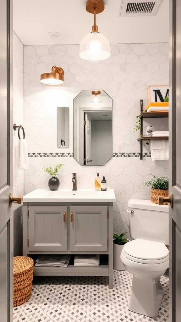 A modern guest bathroom with hexagonal tile, a gray vanity, and stylish lighting.
