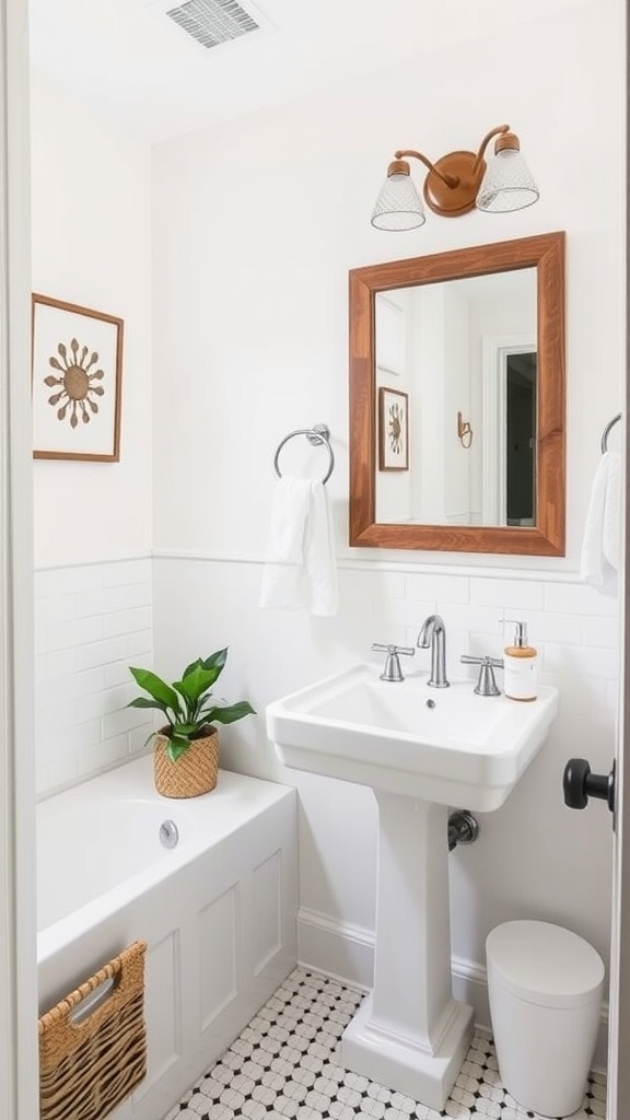 A stylish guest bathroom featuring a pedestal sink, wooden mirror, plants, and patterned floor tiles.