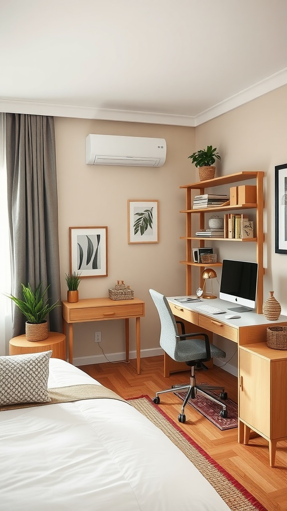 Cozy guest room with a home office setup, featuring a desk, computer, chair, and a neatly made bed.