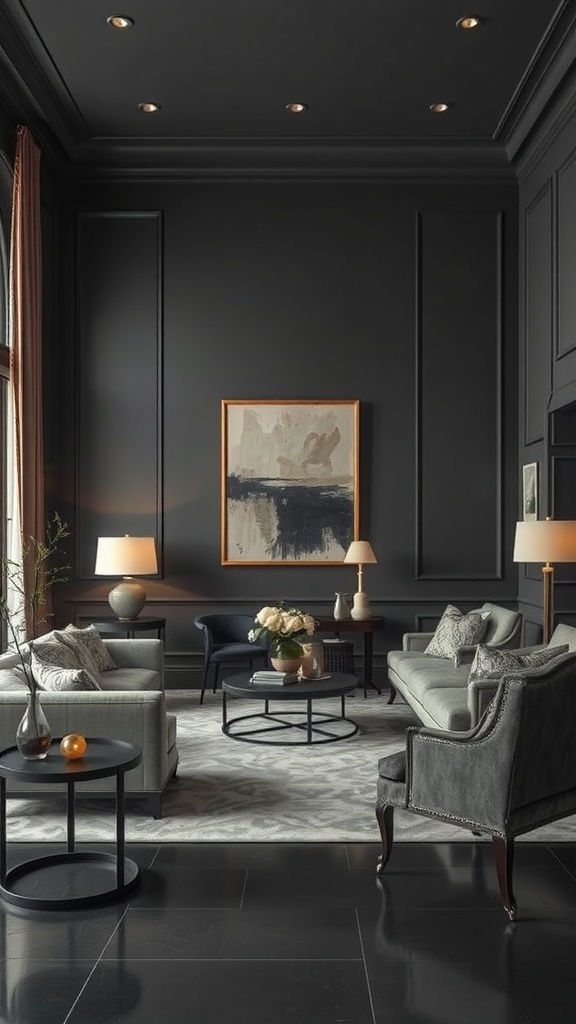 A stylish living room featuring Gunmetal Gray walls, elegant furniture, and warm lighting.