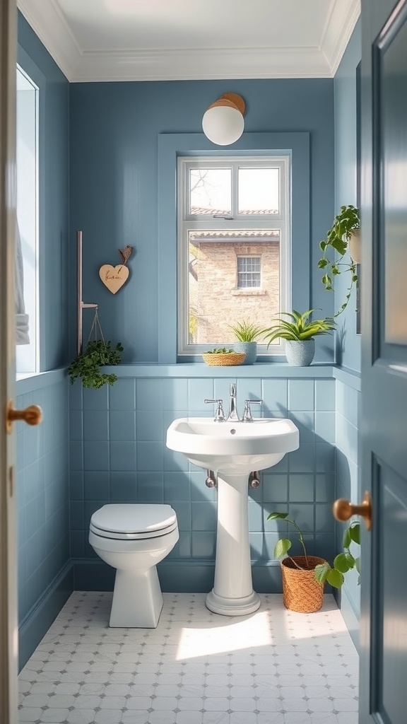 A small bathroom painted in Hague Blue by Farrow and Ball, featuring white fixtures and greenery.
