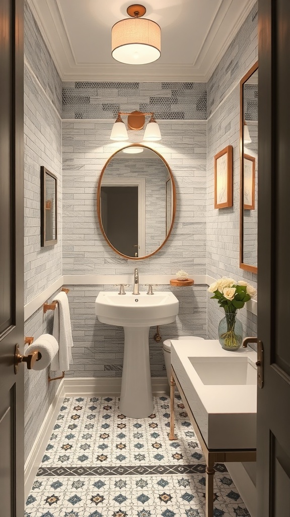 A stylish hallway bathroom featuring gray tiled walls, a round mirror, modern sink, and decorative flooring.