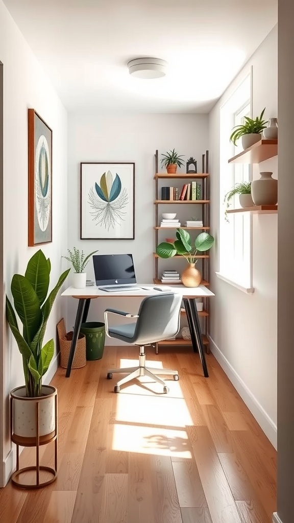 A cozy hallway workspace featuring a desk, chair, plants, and shelving, designed in a modern style.