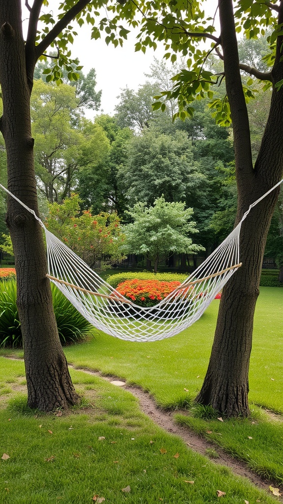 A hammock suspended between two trees in a lush garden setting.