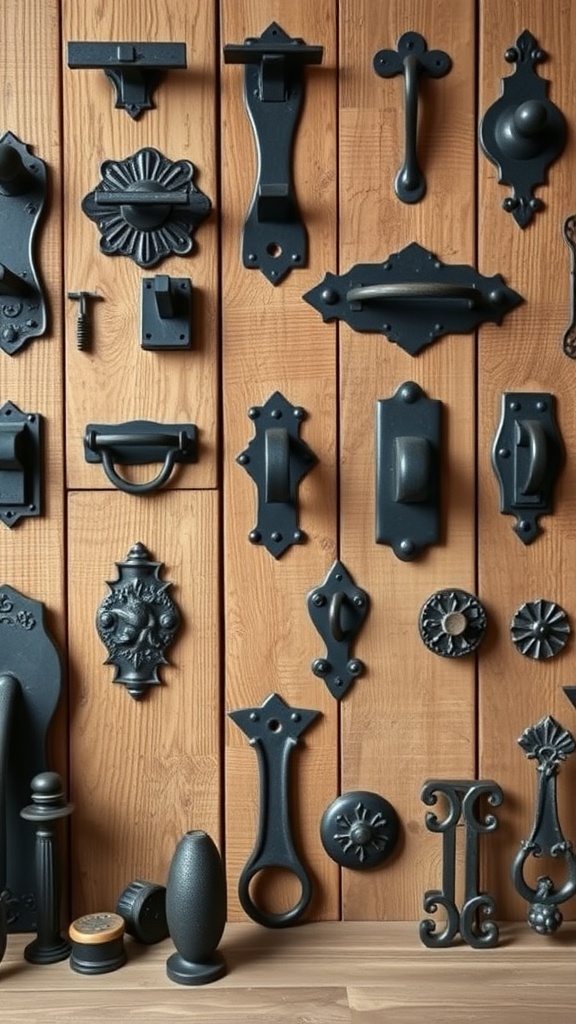 A collection of hand-forged iron hardware pieces displayed on wooden planks.