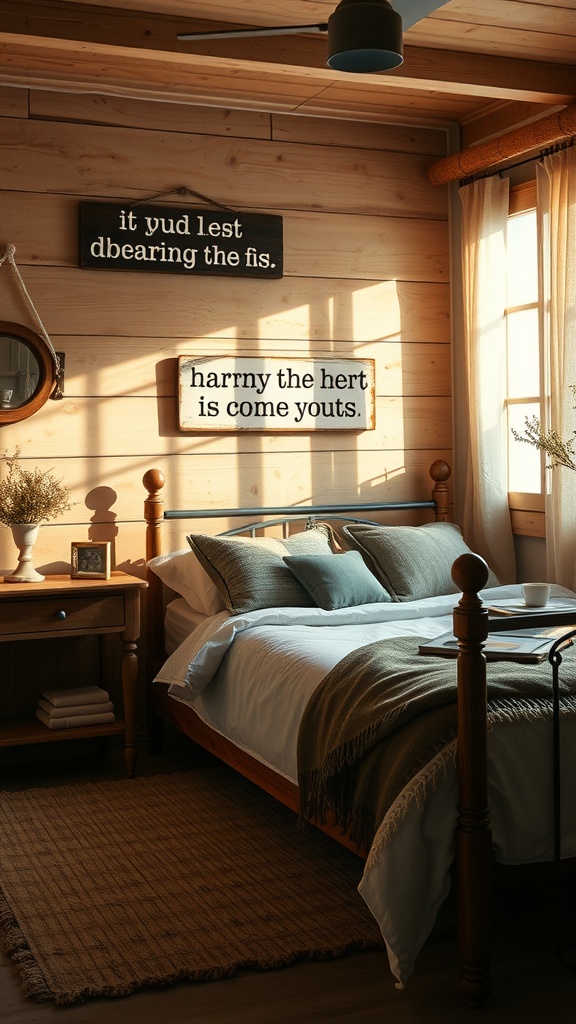 A cozy rustic bedroom featuring hand-painted wooden signs on the wall.