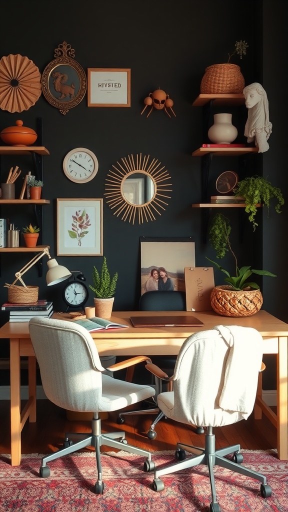 A cozy home office featuring a wooden desk, two chairs, and artisan decorations on dark walls.