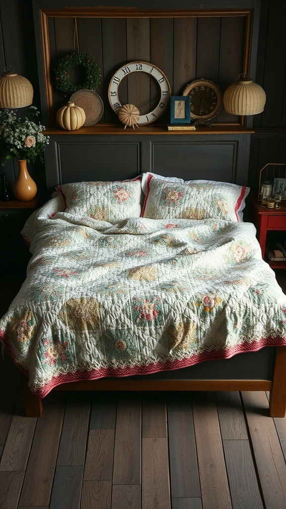 A cozy bed with a handcrafted quilt, featuring floral patterns, surrounded by rustic decor.