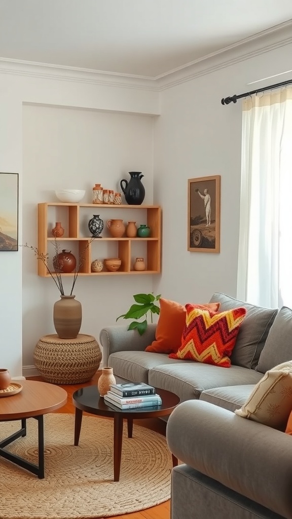 Living room showcasing handmade pottery decor with a cozy couch and wooden shelves.
