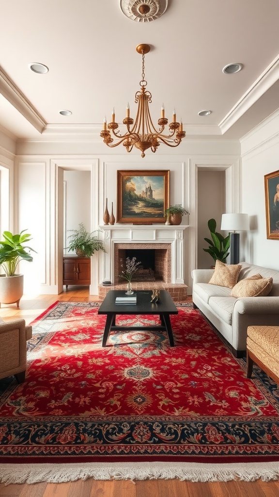 A luxurious living room featuring a handwoven Persian rug with intricate patterns, complemented by elegant furniture and decor.